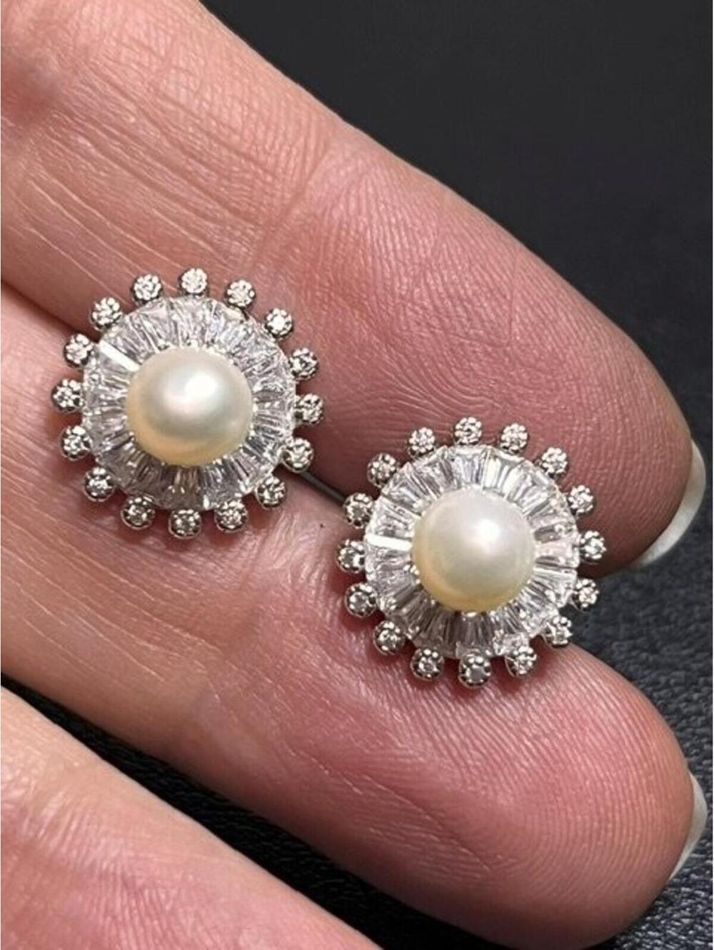 B5509 PAJ designer Pearl Stud Earrings 925 Silver Approx 12mm CZ Sunburst Halo